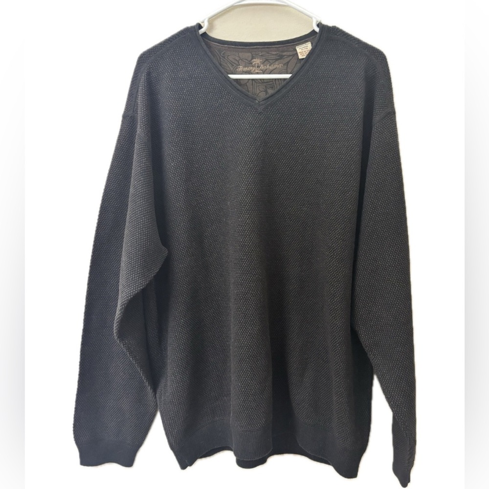 Tommy Bahama XL Tall Waffle Knit V-Neck Sweater Charcoal Gray Cotton Wool Blend